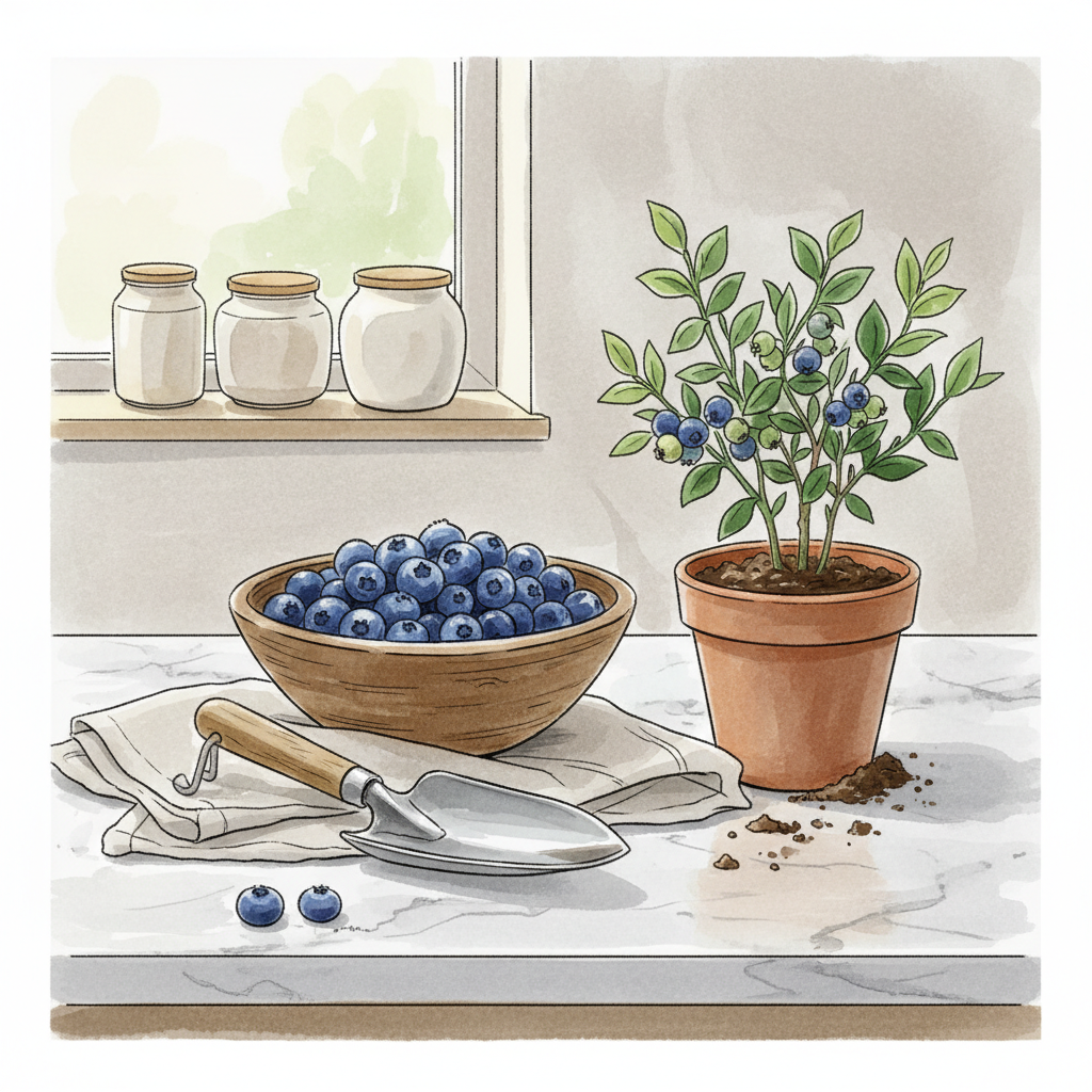 A bowl of fresh blueberries next to a potted blueberry bush and gardening trowel on a kitchen counter