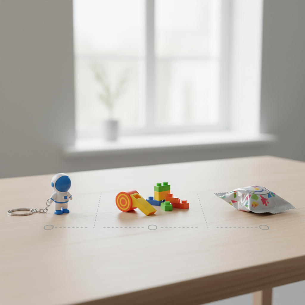Illustration of three unbranded collectible-style kids meal toys arranged to suggest a release timeline and safety check