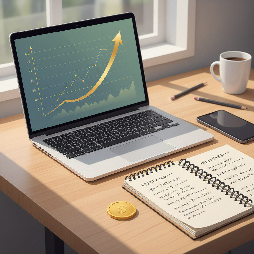 Laptop and notepad on a desk beside a gold coin, representing checking daily gold prices