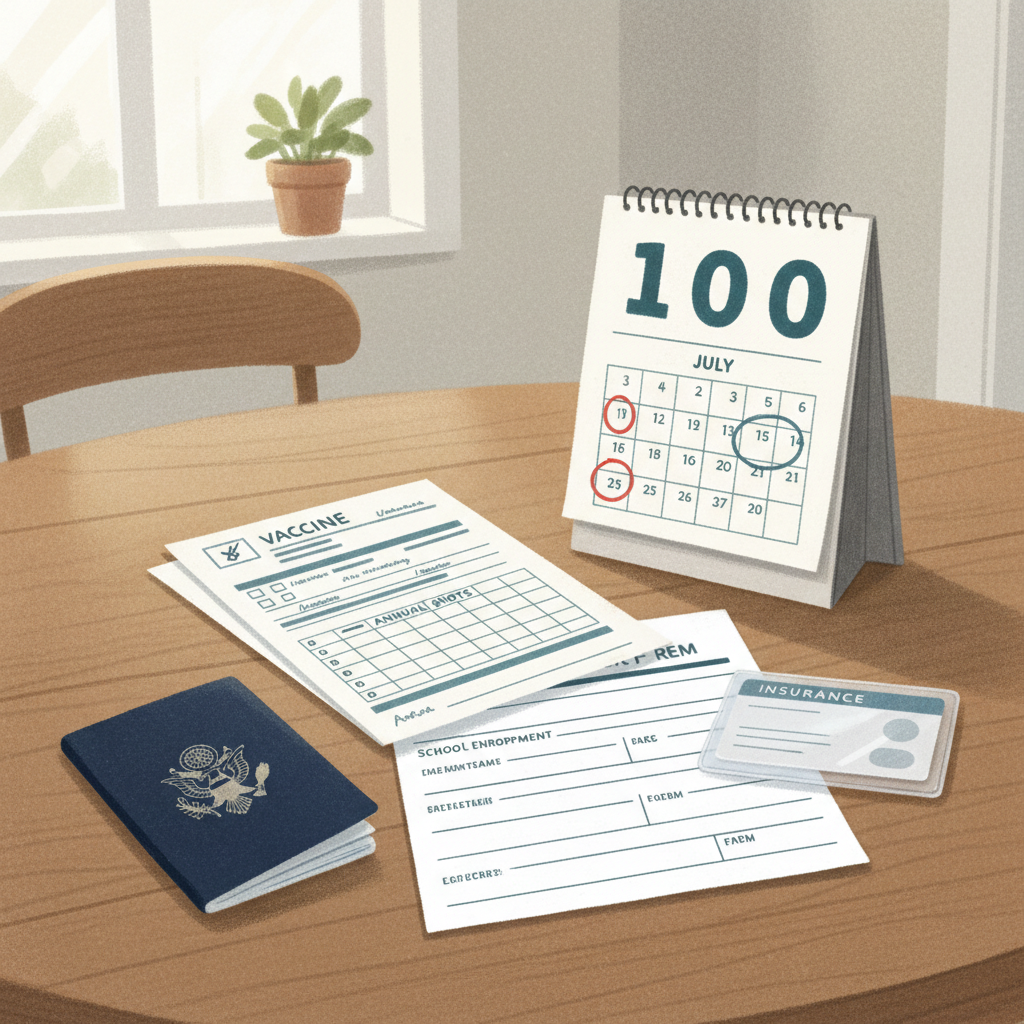 Paper vaccine record, calendar, school form, passport, and insurance items on a table