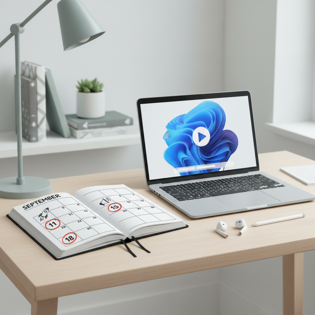 Calendar and laptop set up to track a smartphone launch event, preorder date, and store release date