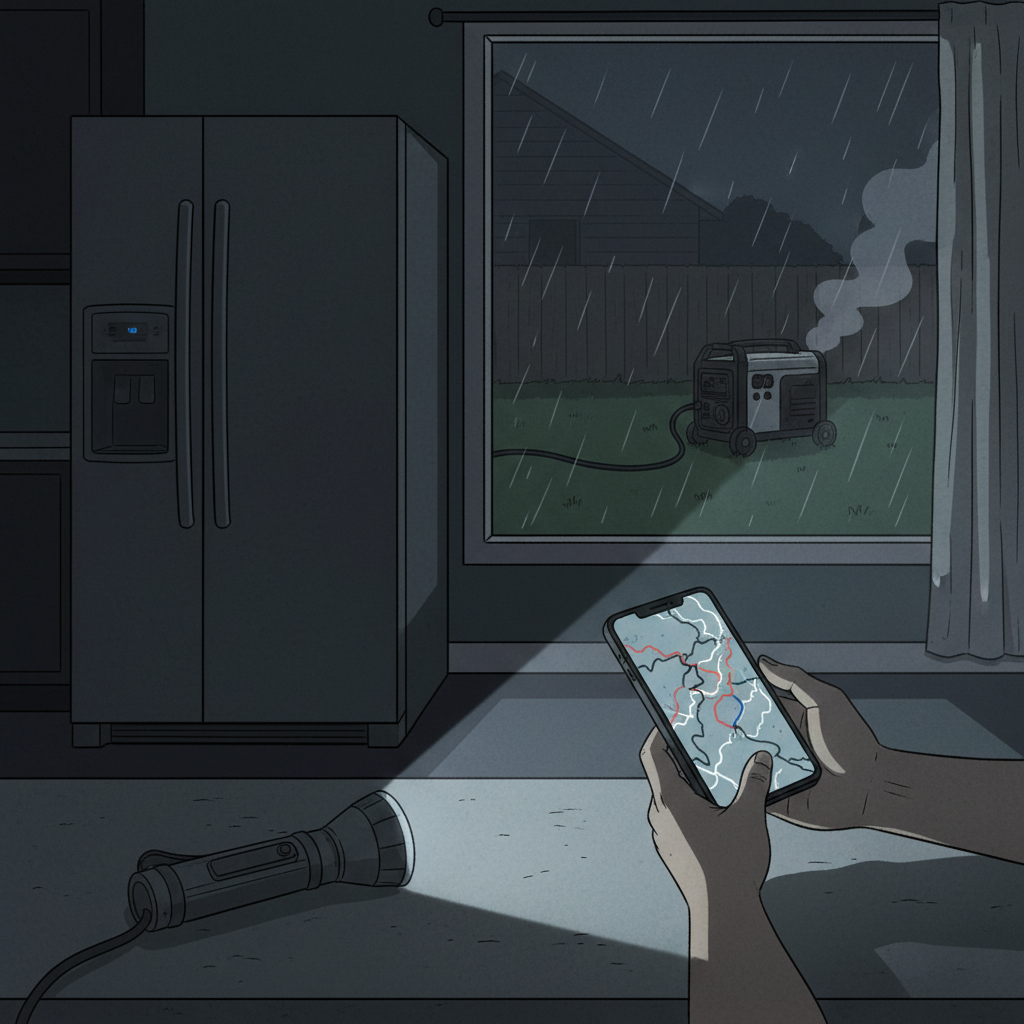 A dark home during a power outage with a flashlight, a closed refrigerator, and a phone displaying an outage map.