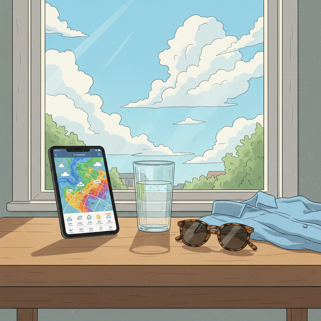 Phone and tablet displaying weather and air quality maps beside water and summer clothing on a table